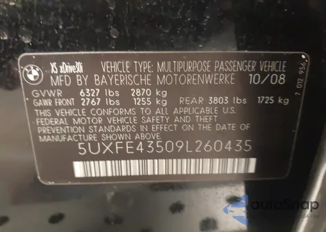 2009 BMW X5 xDrive30I из США, поврежденный, VIN 5UXFE43509L260435